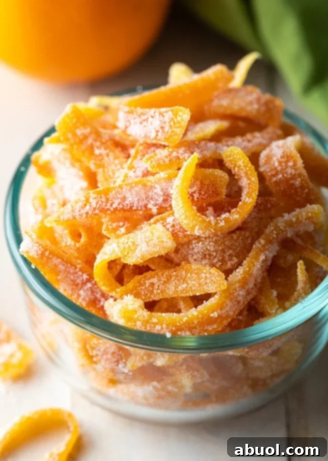 close up of candied orange peel in bowl