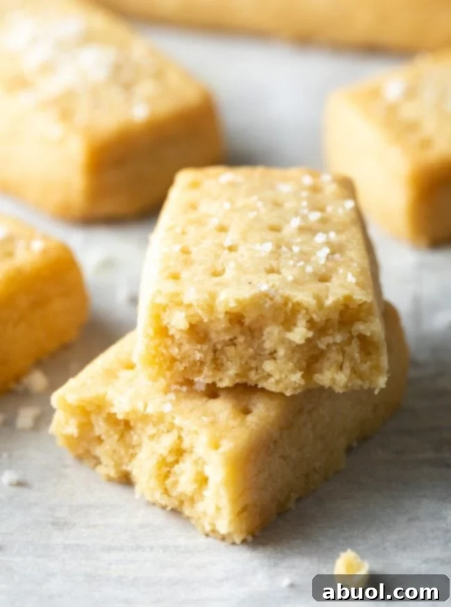 A shortbread cookie gracefully broken in half and stacked, inviting a taste of its tender interior.