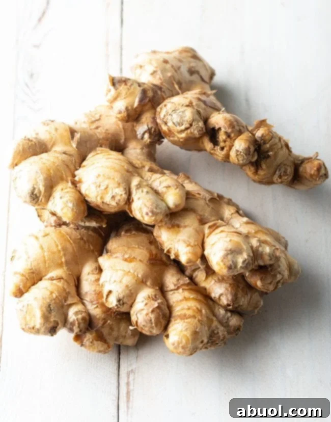A large, fresh piece of ginger root, showing its textured skin, poised for preparation.