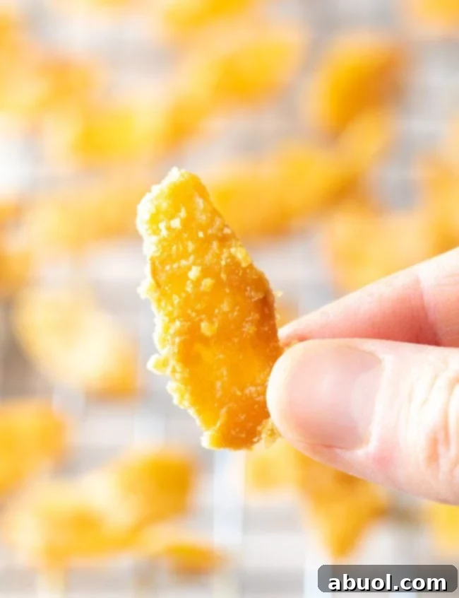 A hand holds a single piece of perfectly candied ginger, with more glistening pieces elegantly blurred in the background, showcasing its sugary coating.