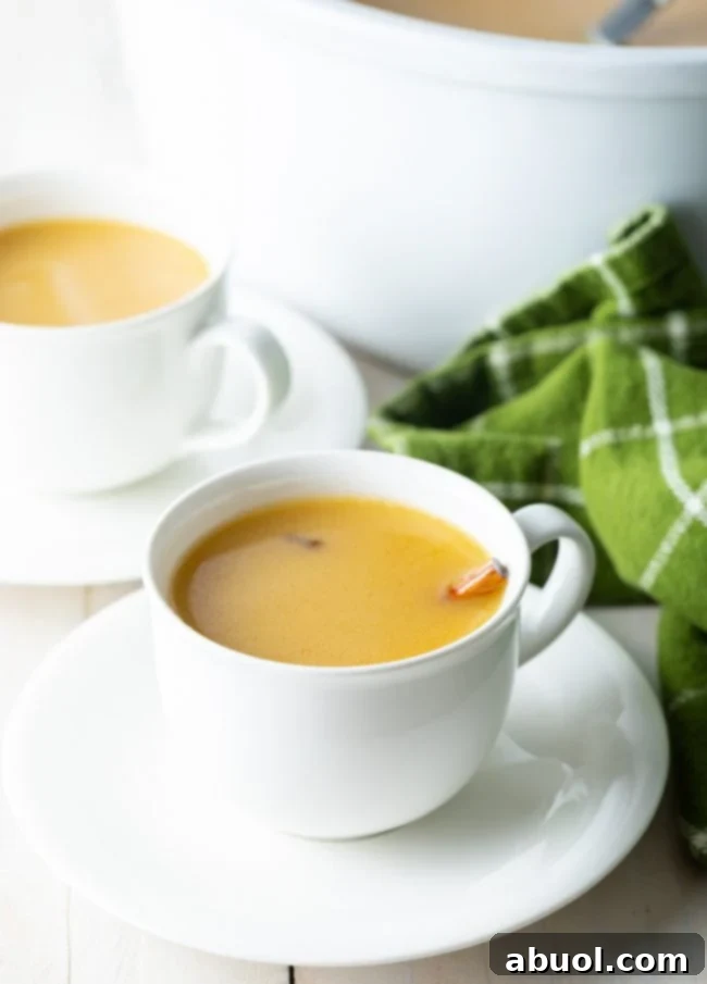 Two mugs brimming with amber hot buttered rum, garnished with cinnamon sticks, evoking a cozy holiday scene.