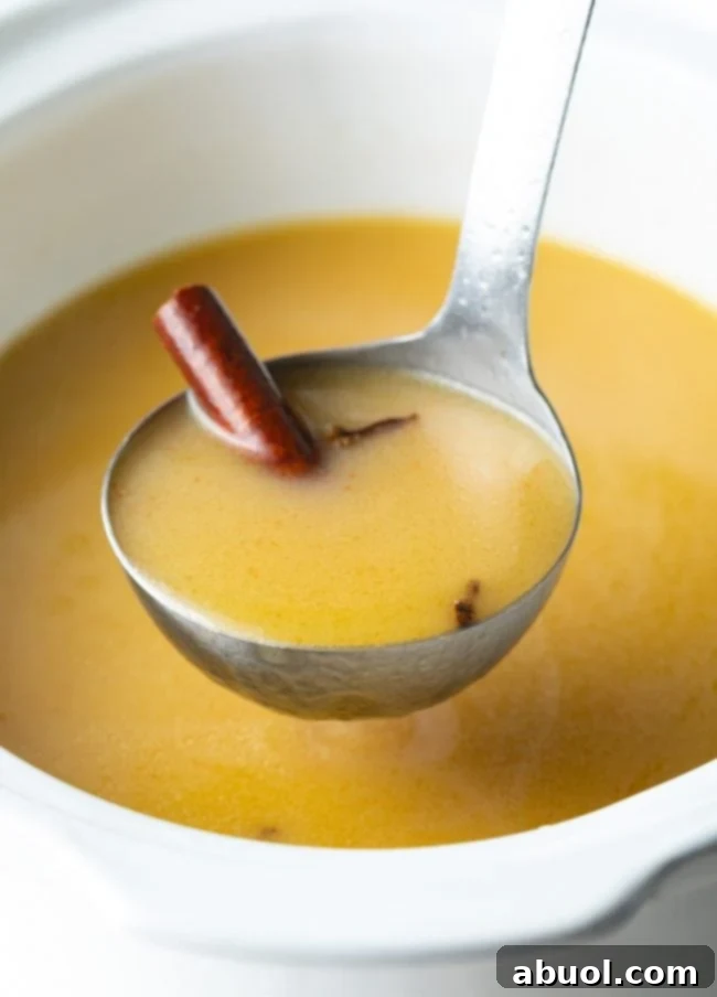 A ladle gracefully pouring the rich, amber hot buttered rum beverage, highlighting its inviting texture.