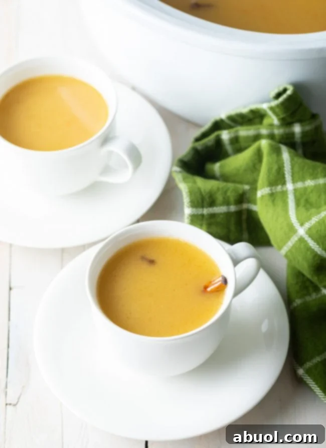 A Crock-Pot full of finished hot buttered rum, steam gently rising, with a ladle resting inside, signaling it's ready for serving.