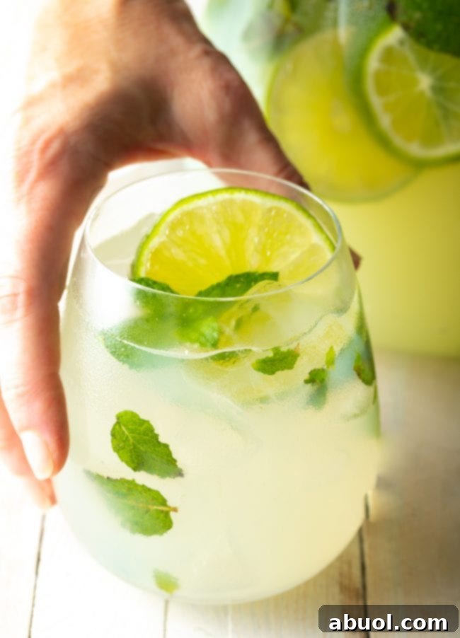 A hand holding a frosty glass of mojito, garnished with fresh mint and a lime slice, against a bright background.