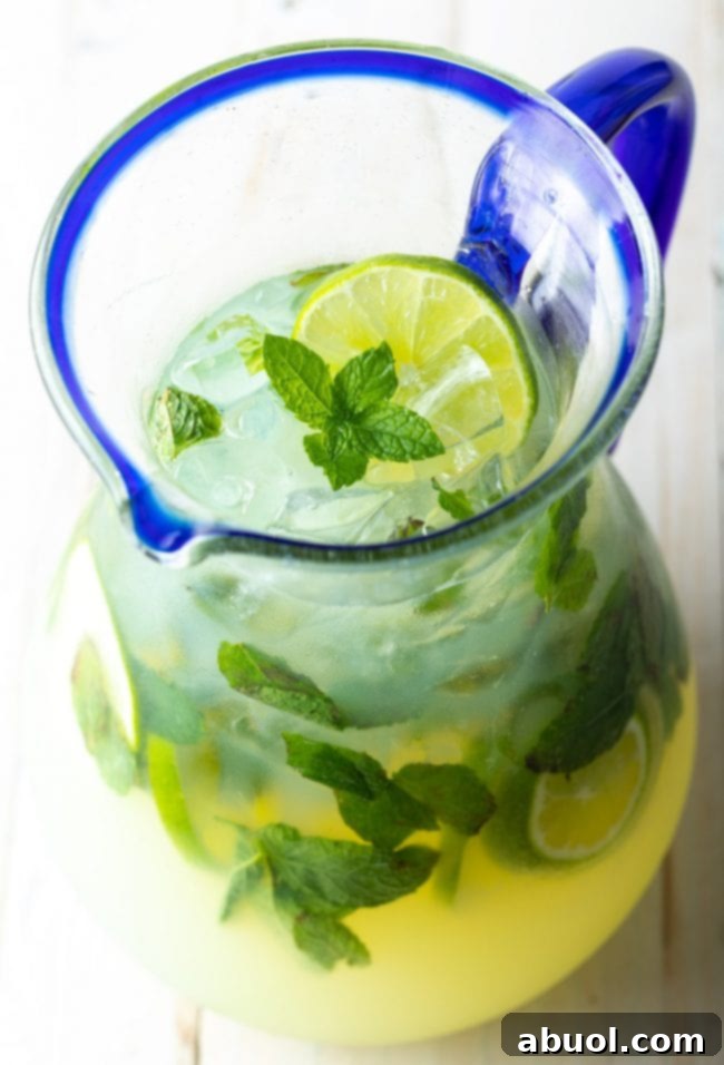 Overhead view of a beautiful pitcher of mojitos, garnished with lime slices and mint leaves, ready to be served.