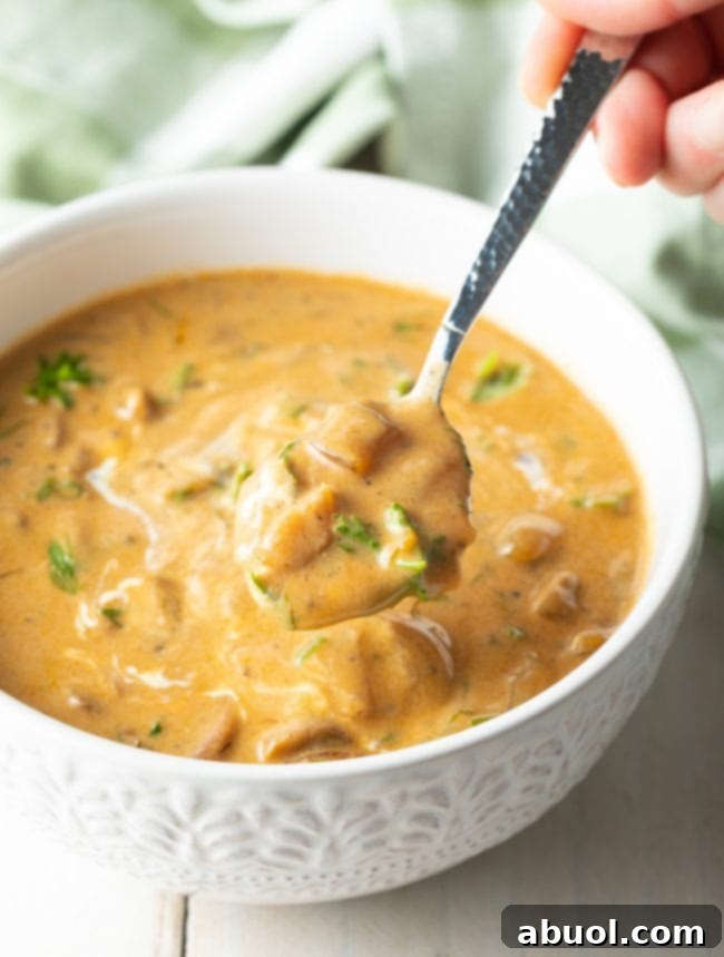 vegan cream of mushroom soup gluten free scooped in spoon