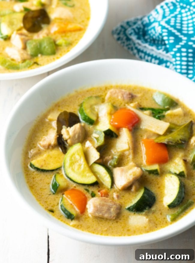 Vibrant Instant Pot Green Curry 12 Closeup of plated Instant Pot green curry in a bowl.