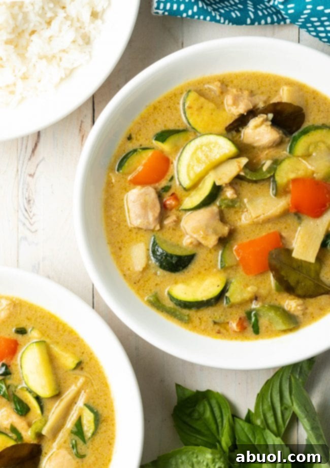 Vibrant Instant Pot Green Curry 4 Overhead view of plated green curry in a white bowl.