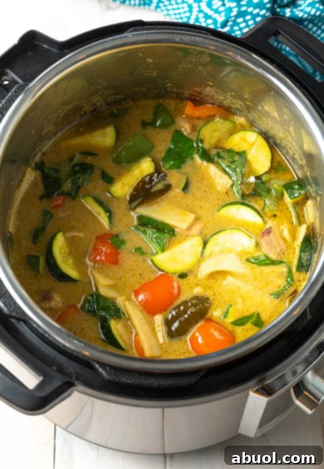 Vibrant Instant Pot Green Curry 10 Overhead of green curry cooking in Instant Pot.