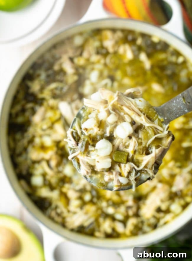 Ladle of Pozole Verde de Pollo lifted over the pot. 