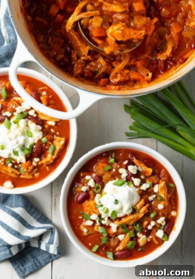 Instant Pot or Crockpot Buffalo Chicken Chili, steaming hot and ready to serve.
