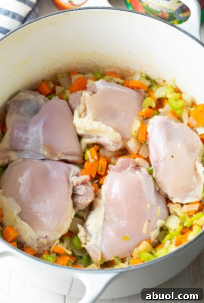 Chicken pieces simmering with chopped vegetables in a pot for chili.