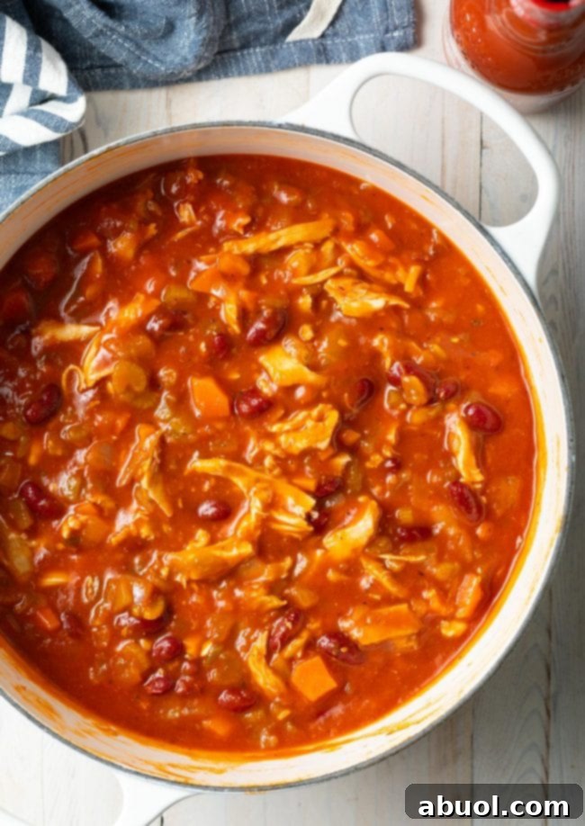 Hearty Crockpot chicken chili, slow-cooked to perfection with buffalo flavors.