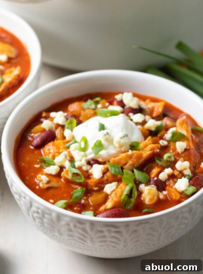 Easy Buffalo Chicken Chili in a bowl, ready to be enjoyed.