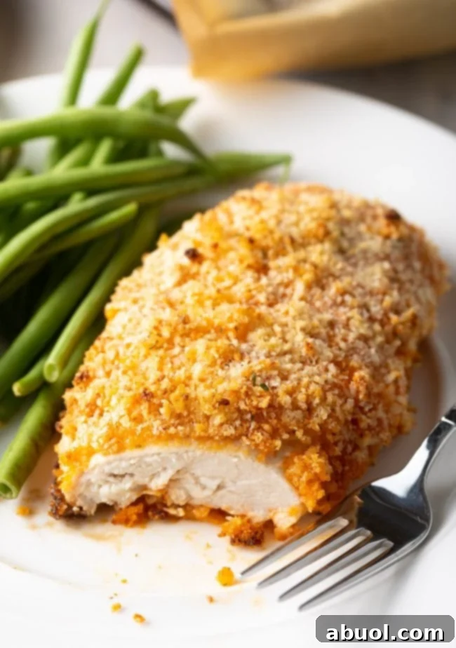 Close-up of a cut crispy chicken breast with buffalo sauce, revealing the tender, juicy interior and crunchy coating.