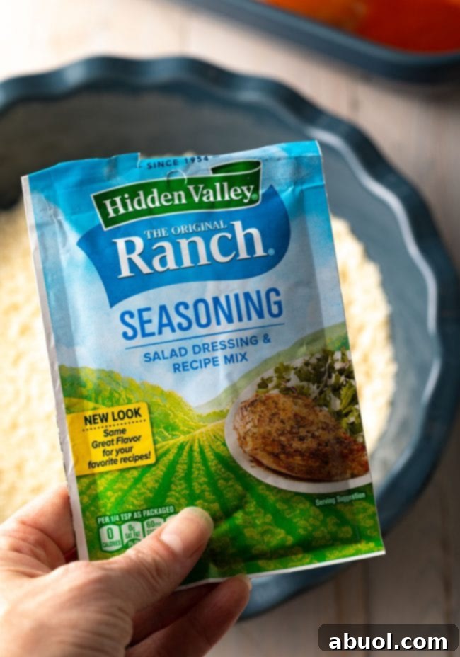 A packet of ranch seasoning mix, highlighting a key ingredient for the buffalo chicken breading.