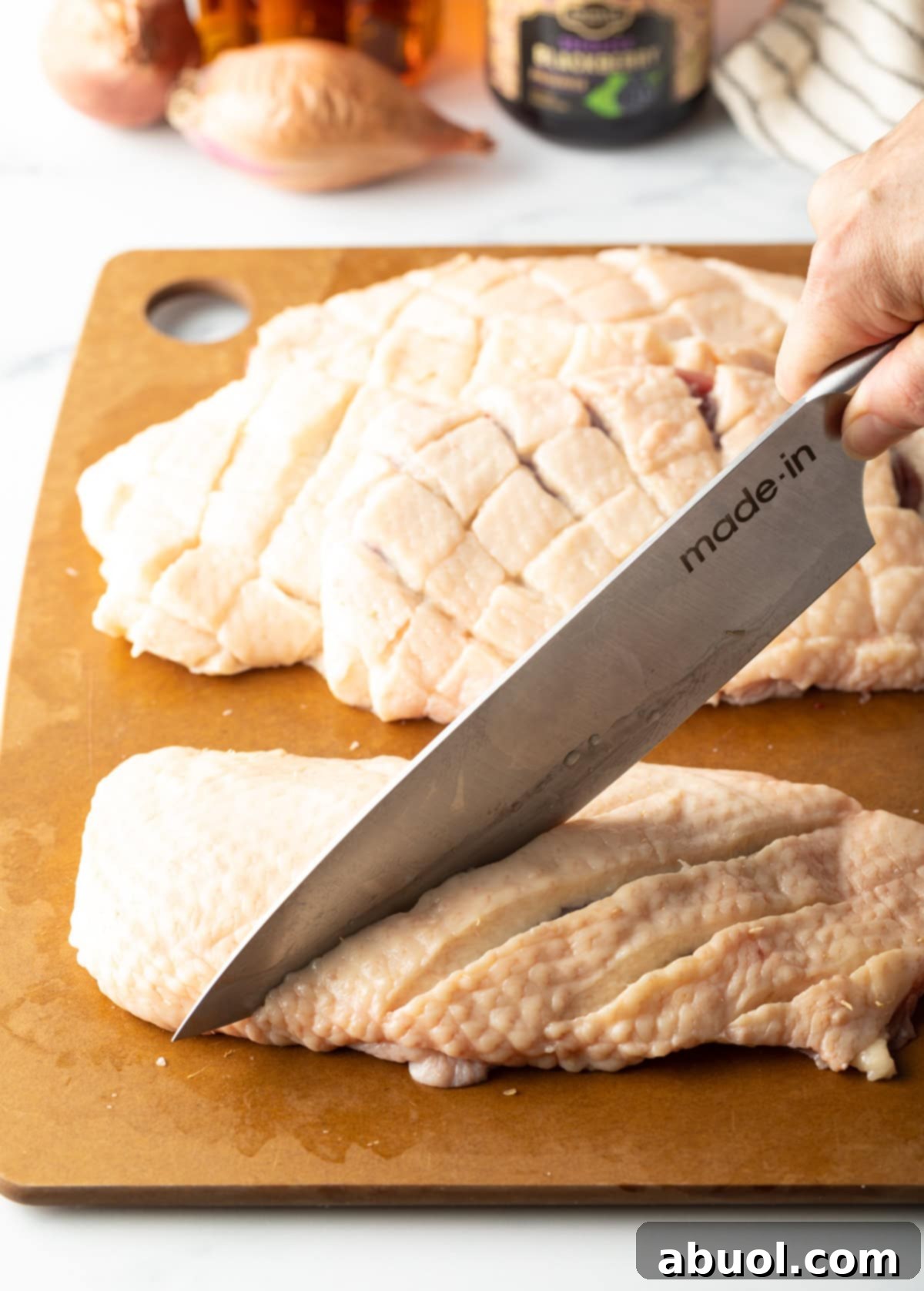 Step 2: Scoring the duck fat layer diagonally