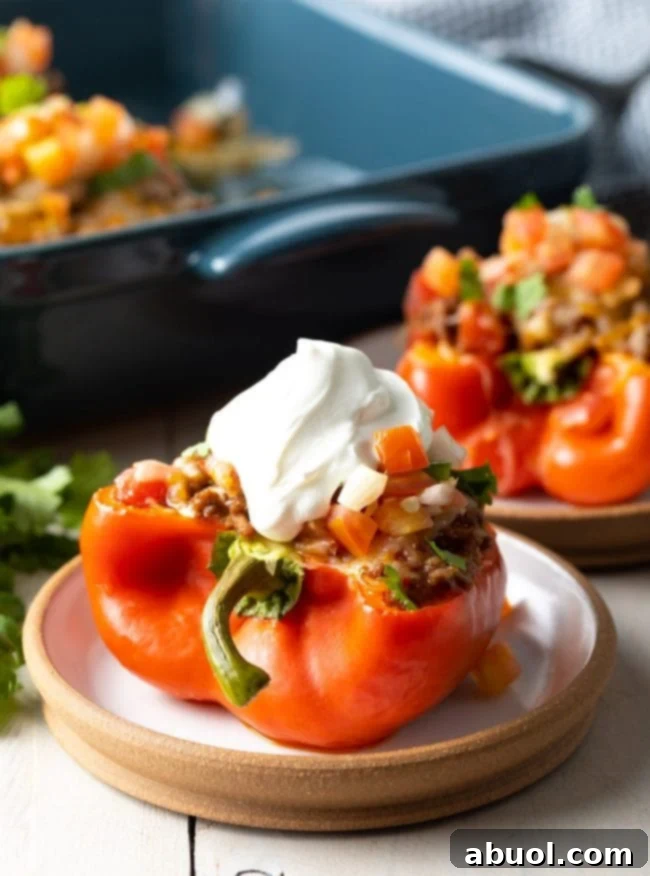 Hearty Keto Stuffed Peppers 2 A single keto taco stuffed pepper on a small white plate, garnished with fresh toppings.