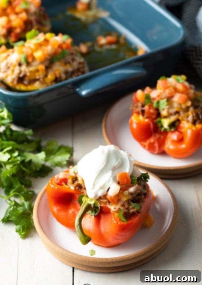 Hearty Keto Stuffed Peppers 9 Several low carb keto stuffed taco peppers arranged beautifully on a serving platter, ready to be enjoyed.