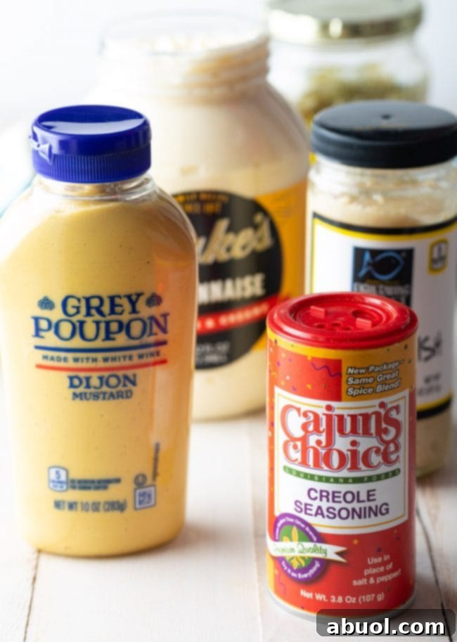 Ingredients for Remoulade Sauce Recipe - Cajun seasoning, mayo, mustard, and relish.