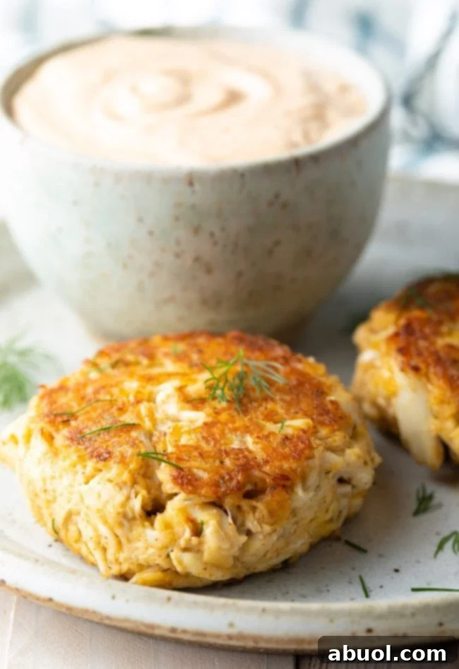 Crab cakes on a plate with a sprinkle of dill on top. 
