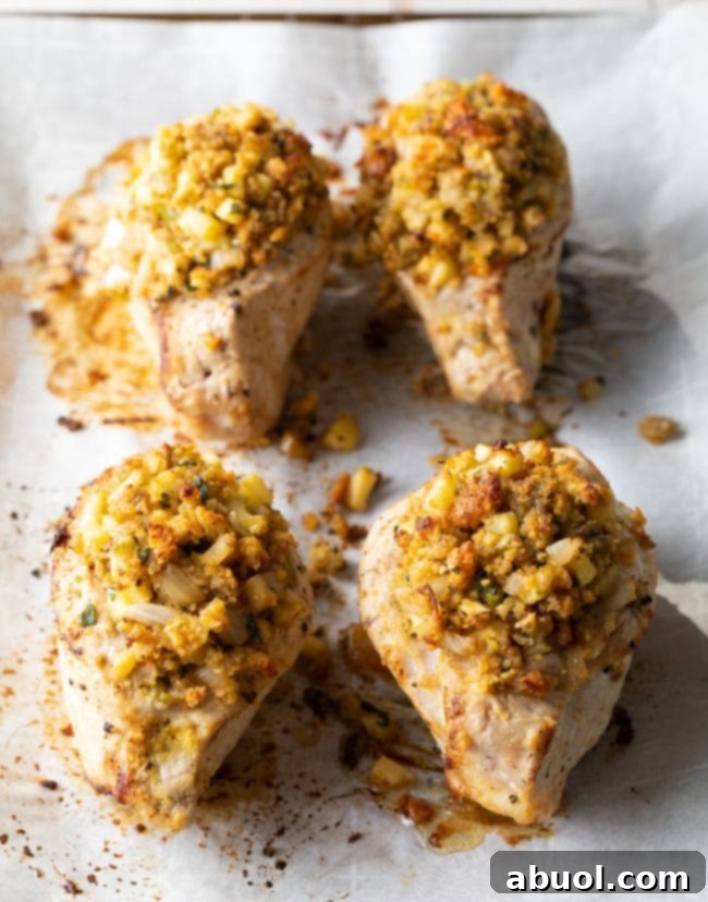 Four beautifully stuffed pork chops resting on a parchment-lined baking sheet, golden and ready for the oven.