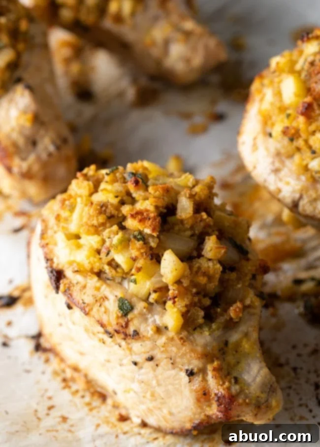 A baking sheet showcasing the interior of a stuffed pork chop, revealing the juicy apple and cornbread filling.