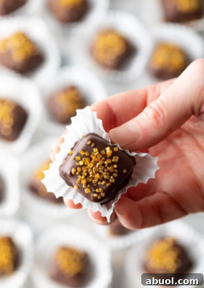 Decadent Chocolate Petit Fours 2 Hand holding a small chocolate cake with gold sprinkles on top.