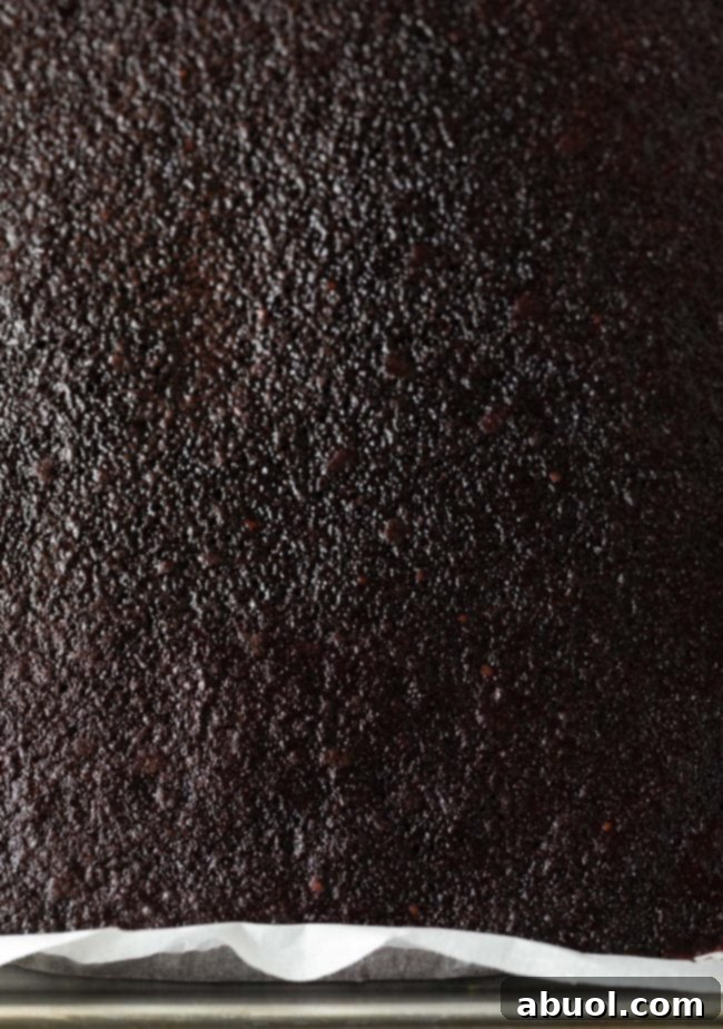 Decadent Chocolate Petit Fours 5 Overhead shot of dark chocolate cake on a baking sheet after being baked.