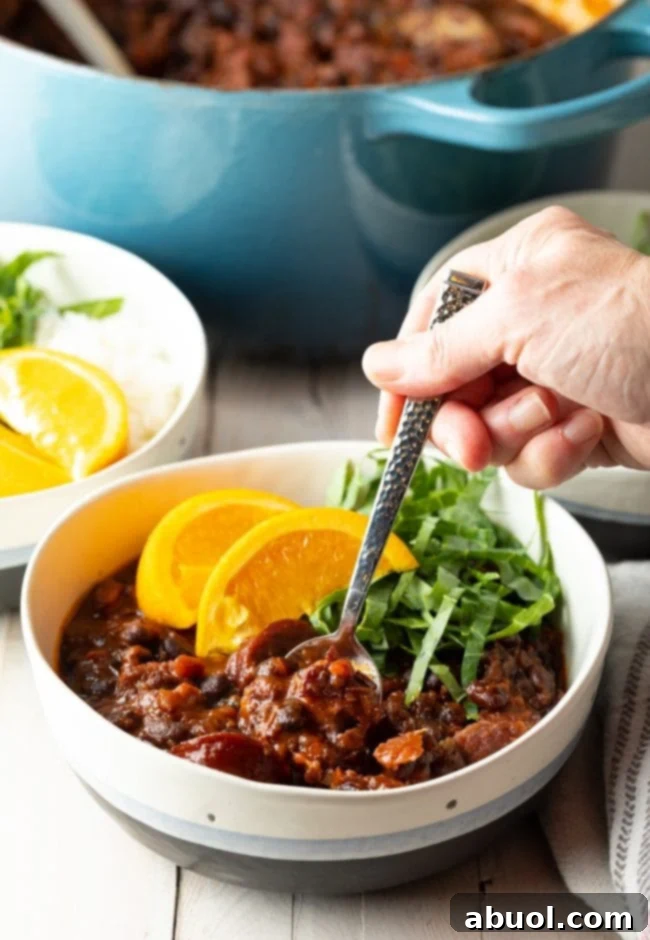 A deep, rustic bowl filled with Brazilian Feijoada, a hearty pork and black bean stew. A spoon holds a spoonful of the rich stew, highlighting its thick texture and dark, inviting color.