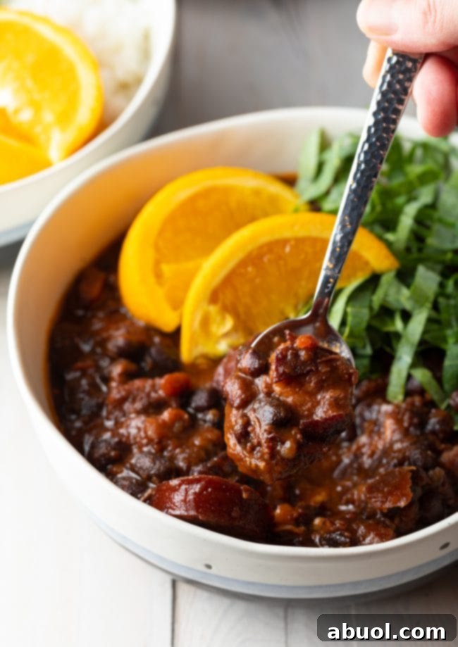A close-up of a rustic bowl of Brazilian Feijoada, a rich pork and black bean stew, with a spoon lifting a generous spoonful, highlighting its thick, comforting texture and visible pieces of meat and beans.