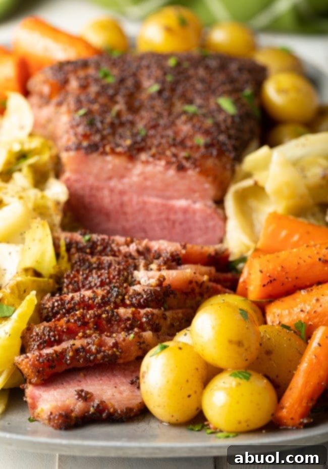 Sliced corned beef on a platter next to tender cabbage, potatoes, and carrots, ready to serve.