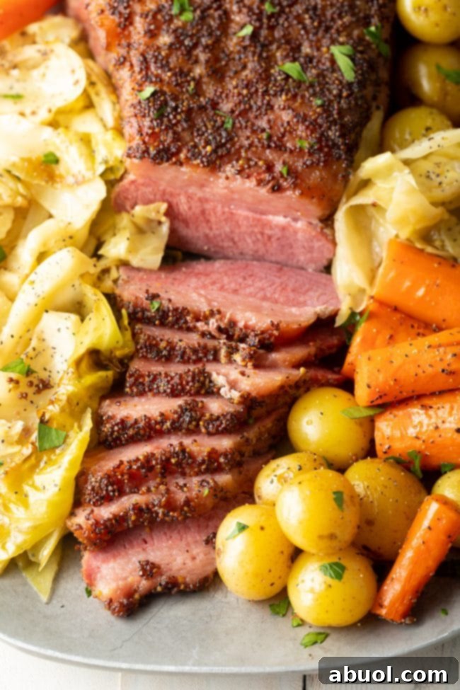 Close up of oven baked corned beef and cabbage on a platter, showcasing its golden crust and tender texture.
