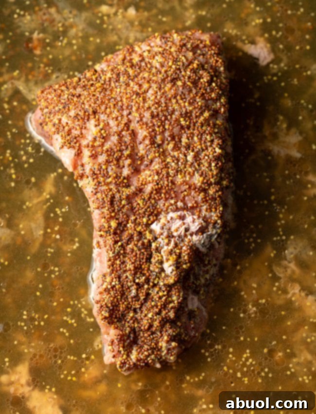 Corned beef brisket, seasoned and ready to bake, sitting in a roasting pan.
