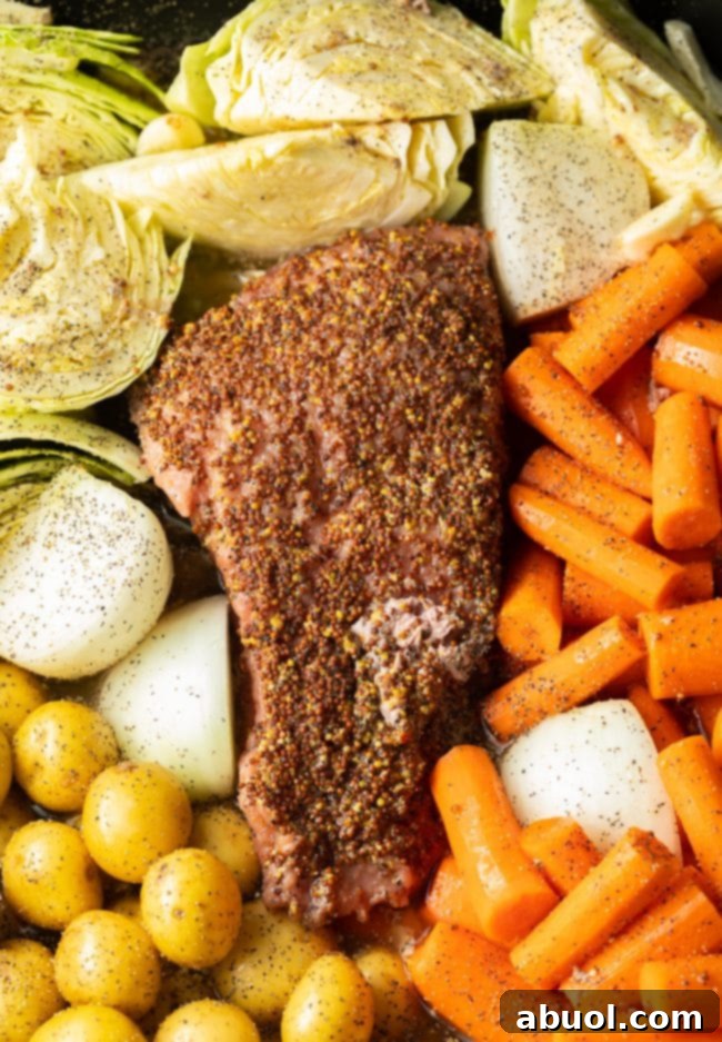 Freshly cut vegetables, including cabbage, carrots, and potatoes, arranged around the corned beef brisket in a roasting pan before the final roast.