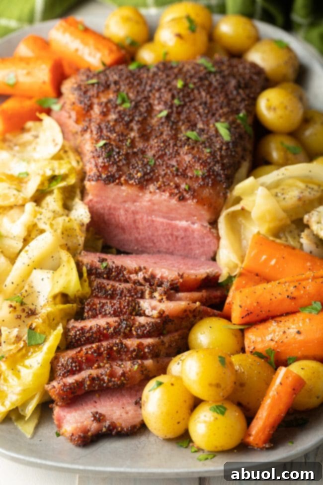 A stunning shot of baked corned beef served with tender cabbage and a colorful array of roasted vegetables.