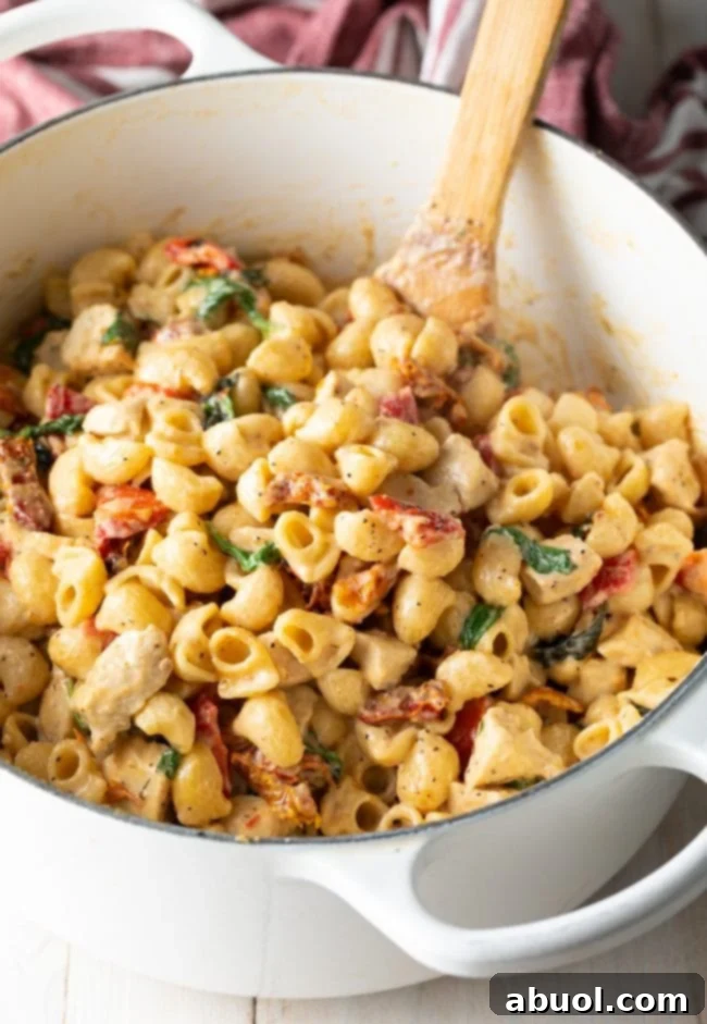 Creamy Chicken Tuscan Pasta - White pot of creamy macaroni noodles with chicken, sun dried tomatoes, and spinach.