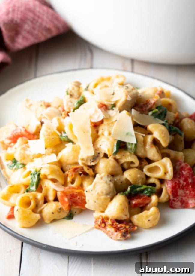 White plate with a serving of creamy chicken spinach pasta with red peppers, sun dried tomatoes, and topped with shaved parmesan cheese.
