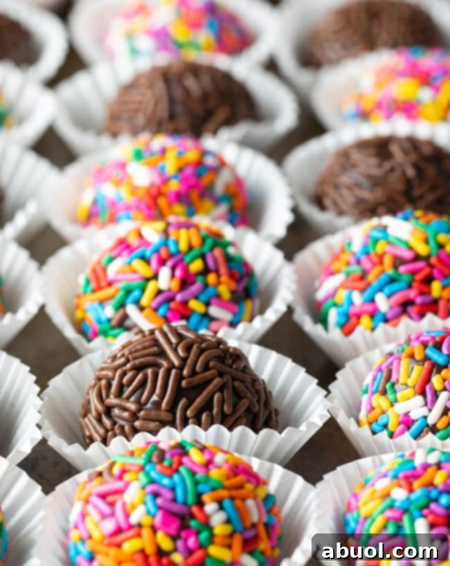 Closeup of colorful Brazilian truffles arranged onto a tray. 