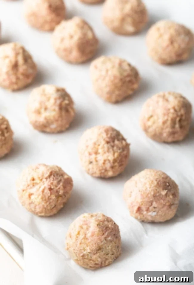 Row of unbaked turkey meatballs neatly arranged on a parchment-lined baking sheet, ready for the oven.