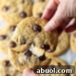 Salted Chocolate Chunk Delights 12 Close-up of a hand breaking a salted chocolate chip cookie in half.