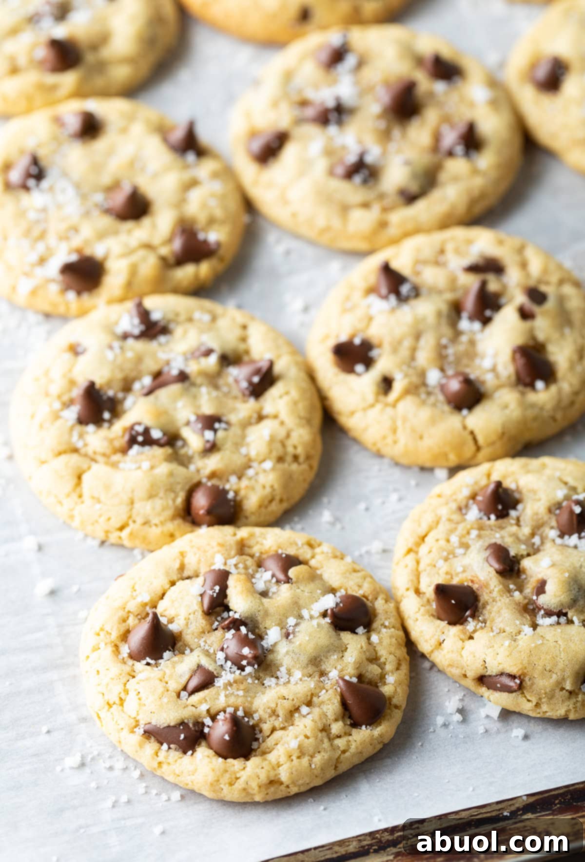 Salted Chocolate Chunk Delights 3 Freshly baked salted chocolate chip cookies on a baking sheet, showcasing their golden-brown color and slightly flattened shape.
