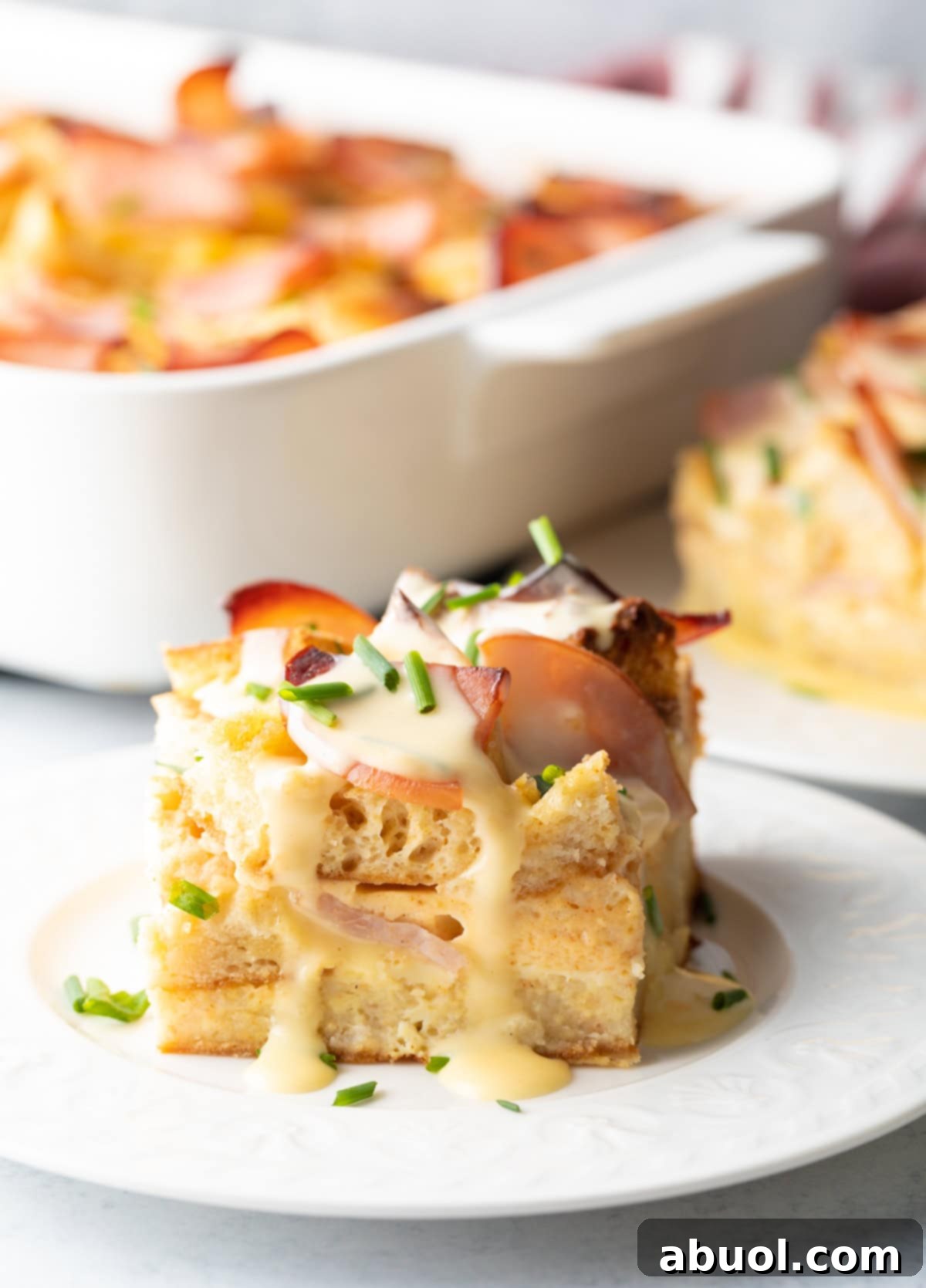 Close-up of a slice of Eggs Benedict Casserole