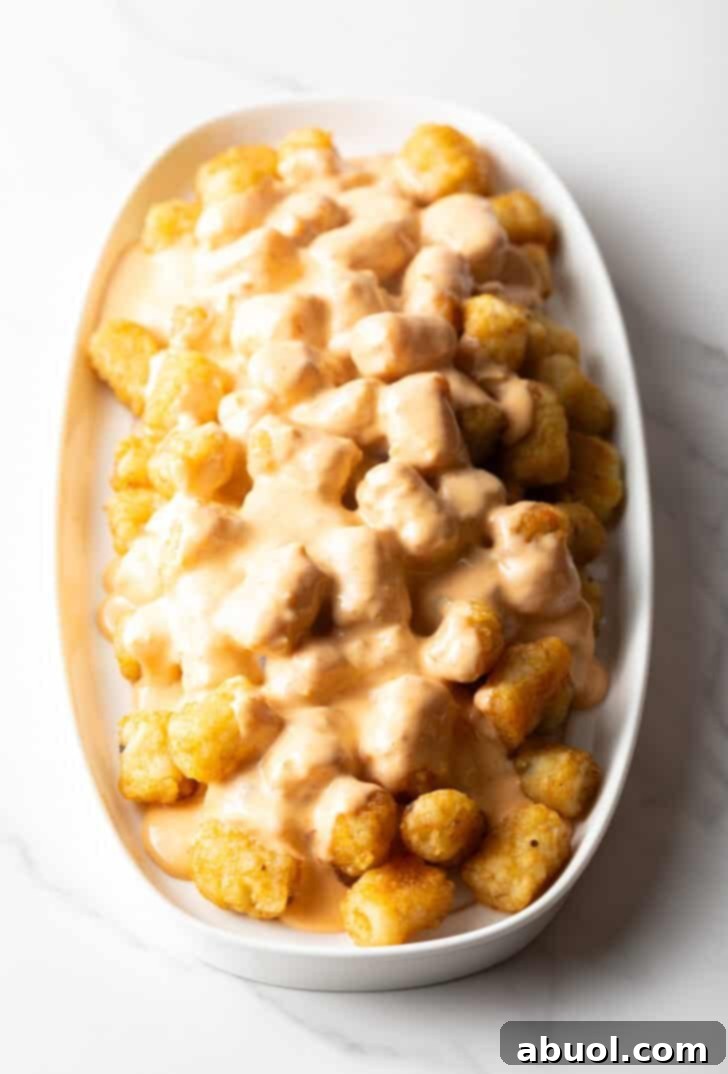 Bowl of crispy tater tots covered in melted cheese