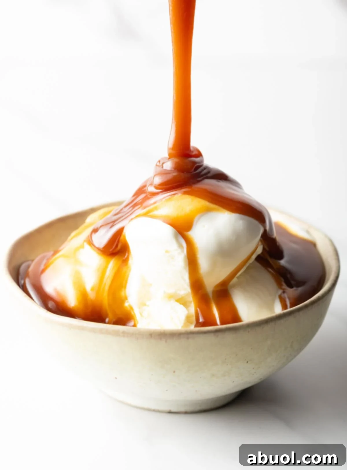 Vanilla ice cream topped with rich salted caramel sauce