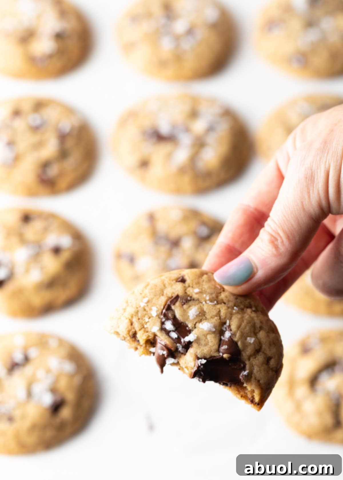 A hand holding half of a chewy brown sugar chocolate chip cookie up to the camera.