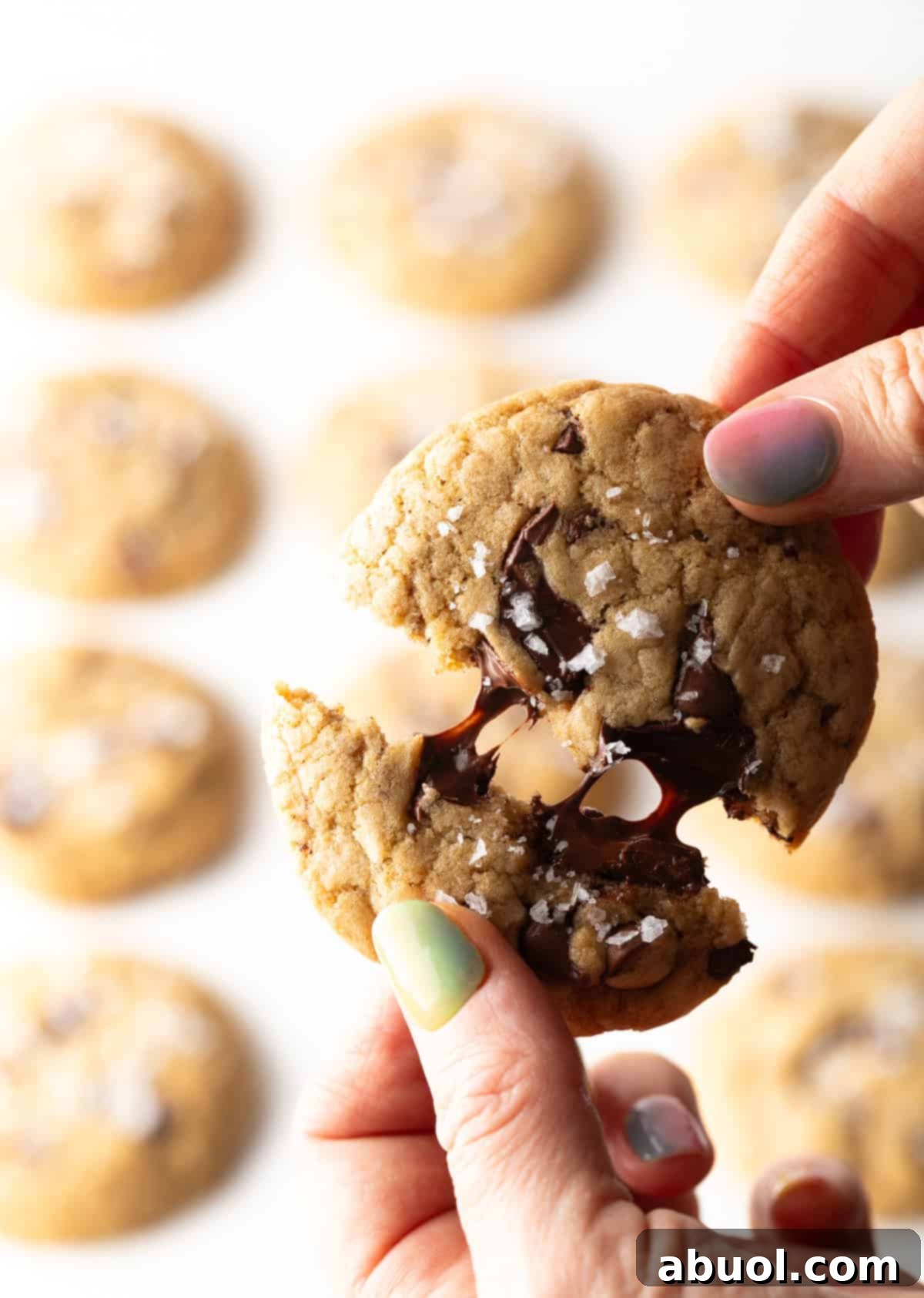 A hand holding a broken brown sugar chocolate chip cookie, showing the melty chocolate inside.