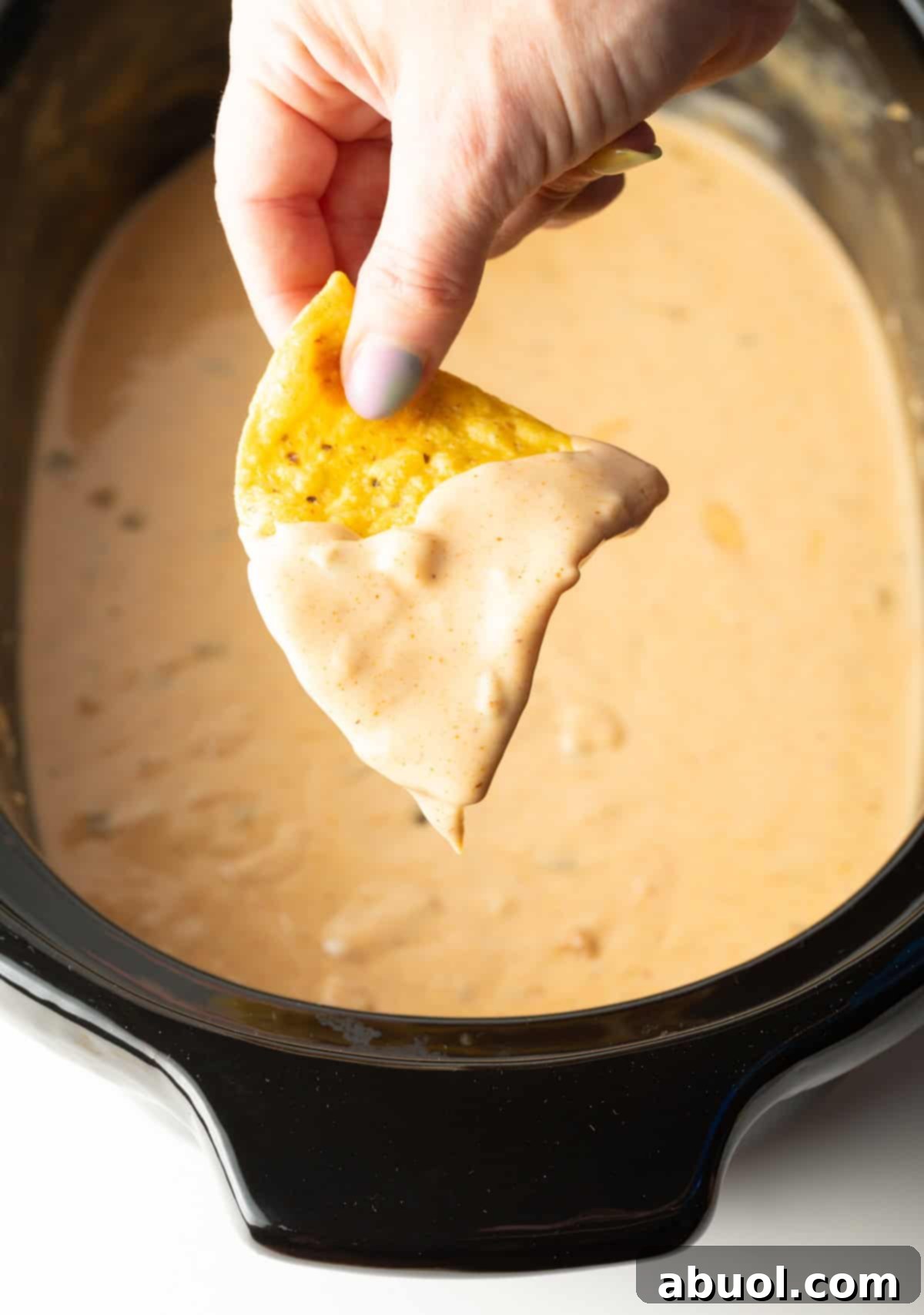 A hand holding a tortilla chip dipped in creamy crock pot queso dip.