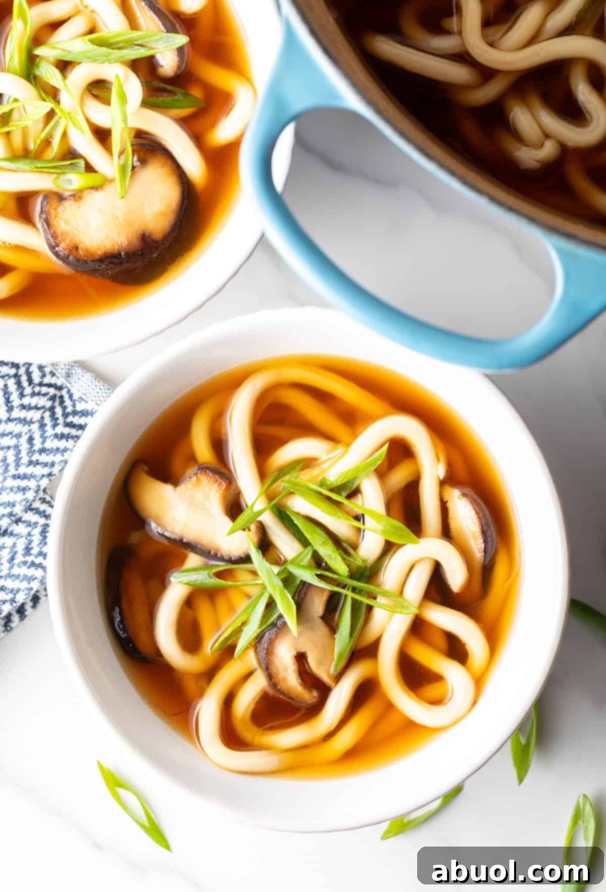 Two white bowls filled with udon noodle soup.