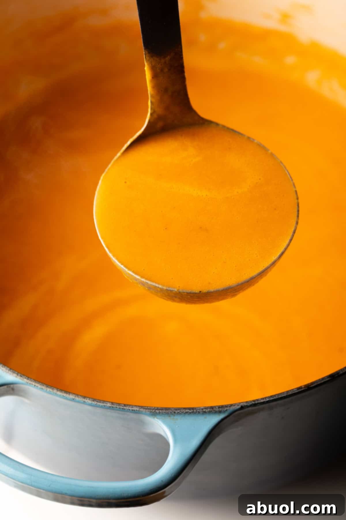 Ladleful of creamy roasted red pepper soup